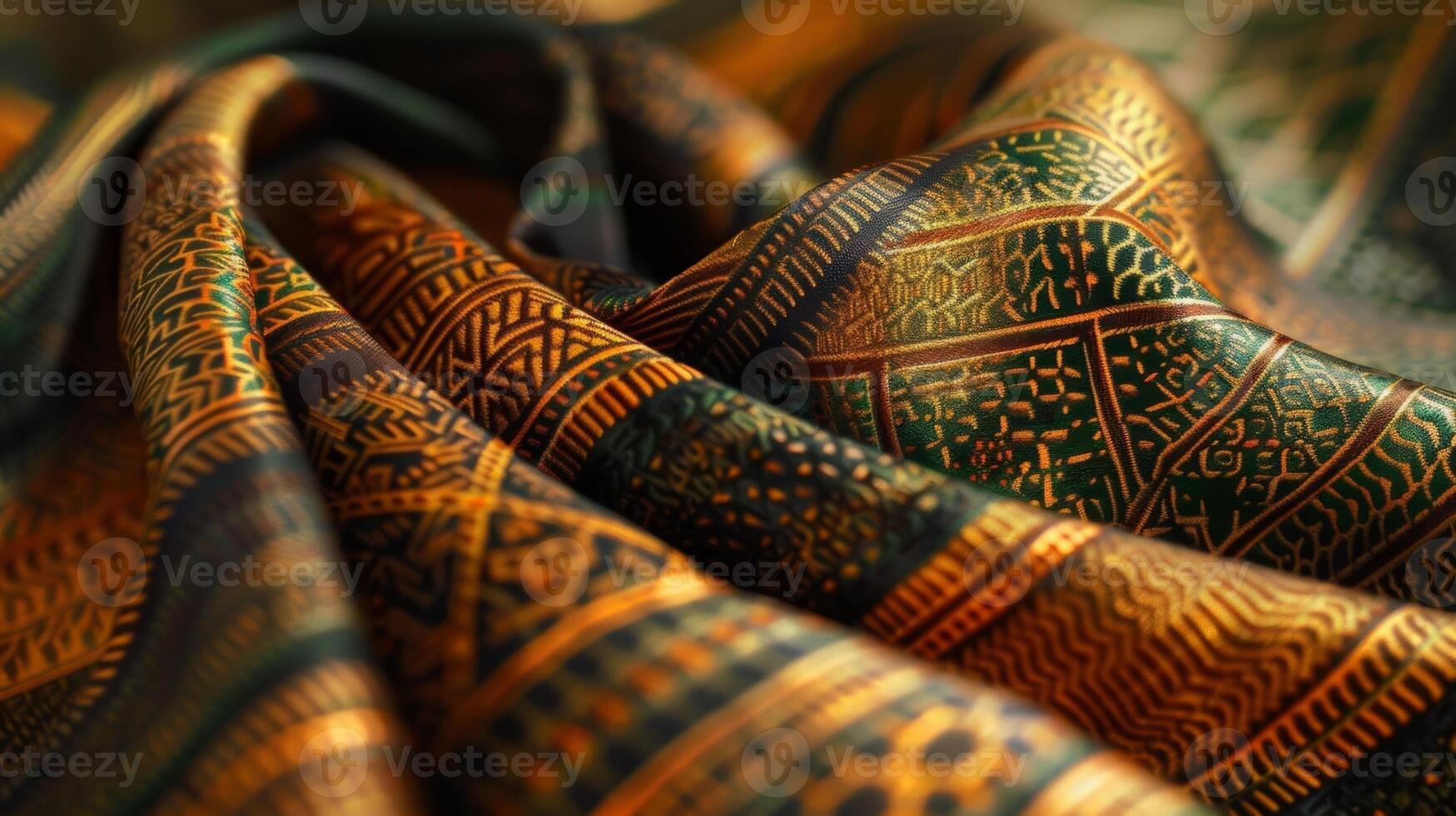 A macro shot of a richly patterned silk scarf featuring a geometric print in earthy tones of brown green and gold. The intricately woven threads create a subtle texture that adds dept photo
