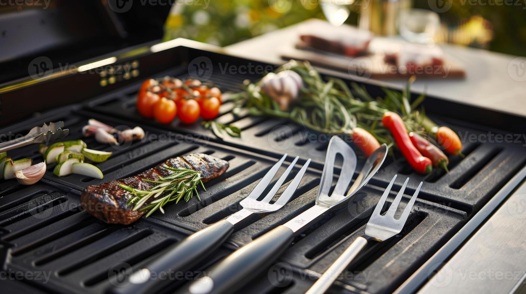 An upclose view of a set of professionalgrade grilling utensils each with a unique specialized design for handling meat vegetables and other foods on the grill photo