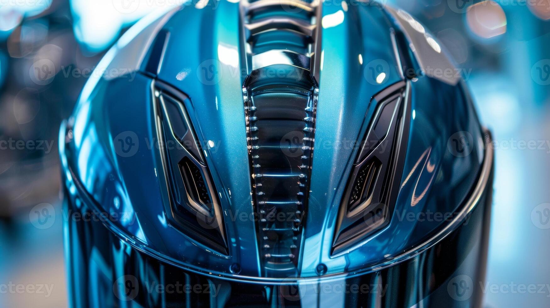 A closeup of the top of a helmet highlighting its unique and innovative air channel design allowing for optimal air flow and ventilation photo