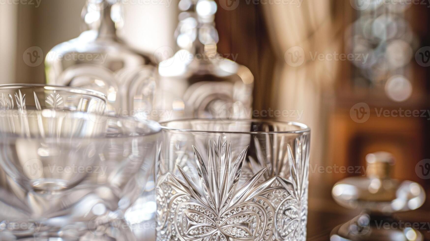 A stunning set of crystal glassware with intricate patterns etched onto smooth clear glasses and decanters photo