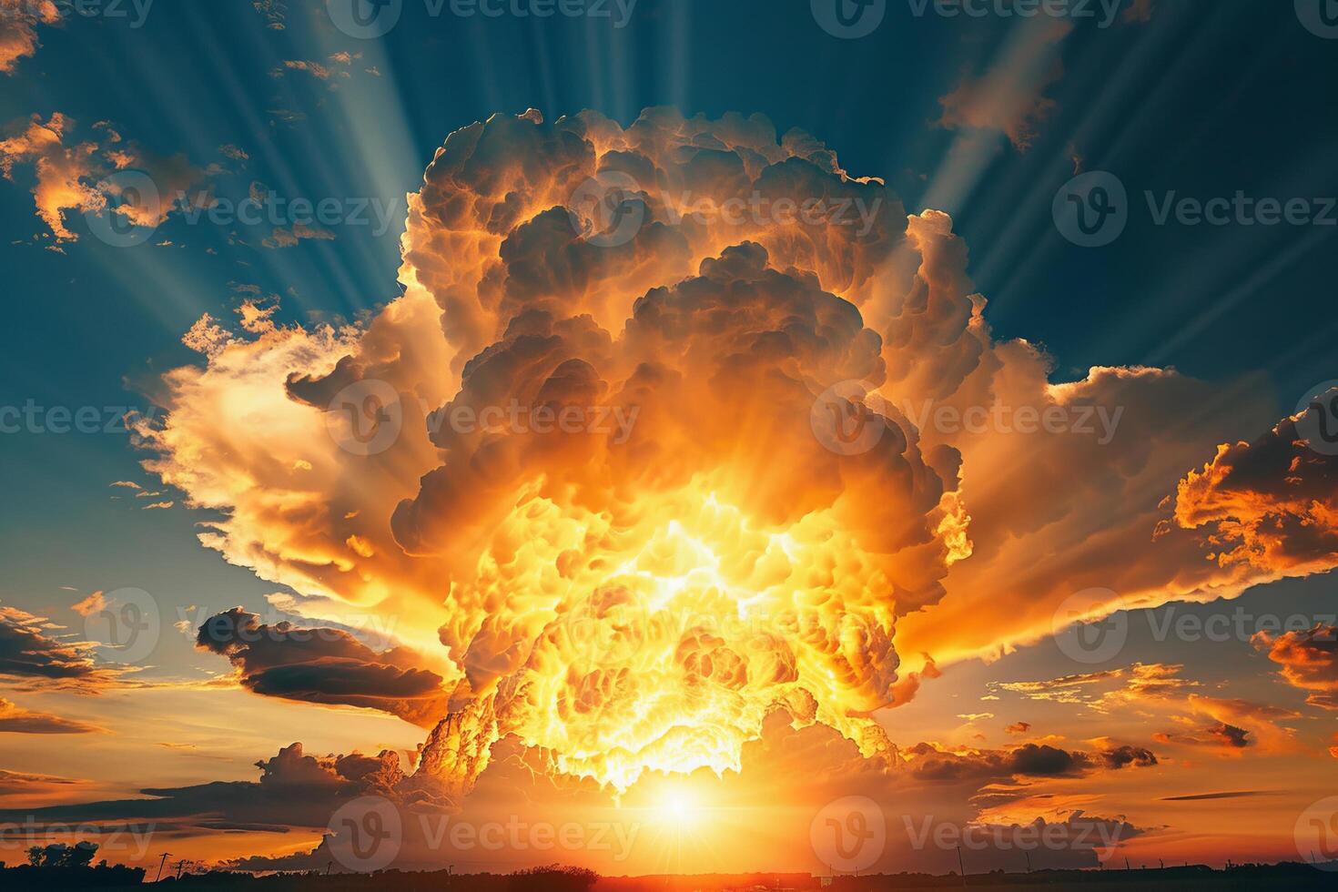 Majestic sunset cloudscape with radiant sunbeams photo