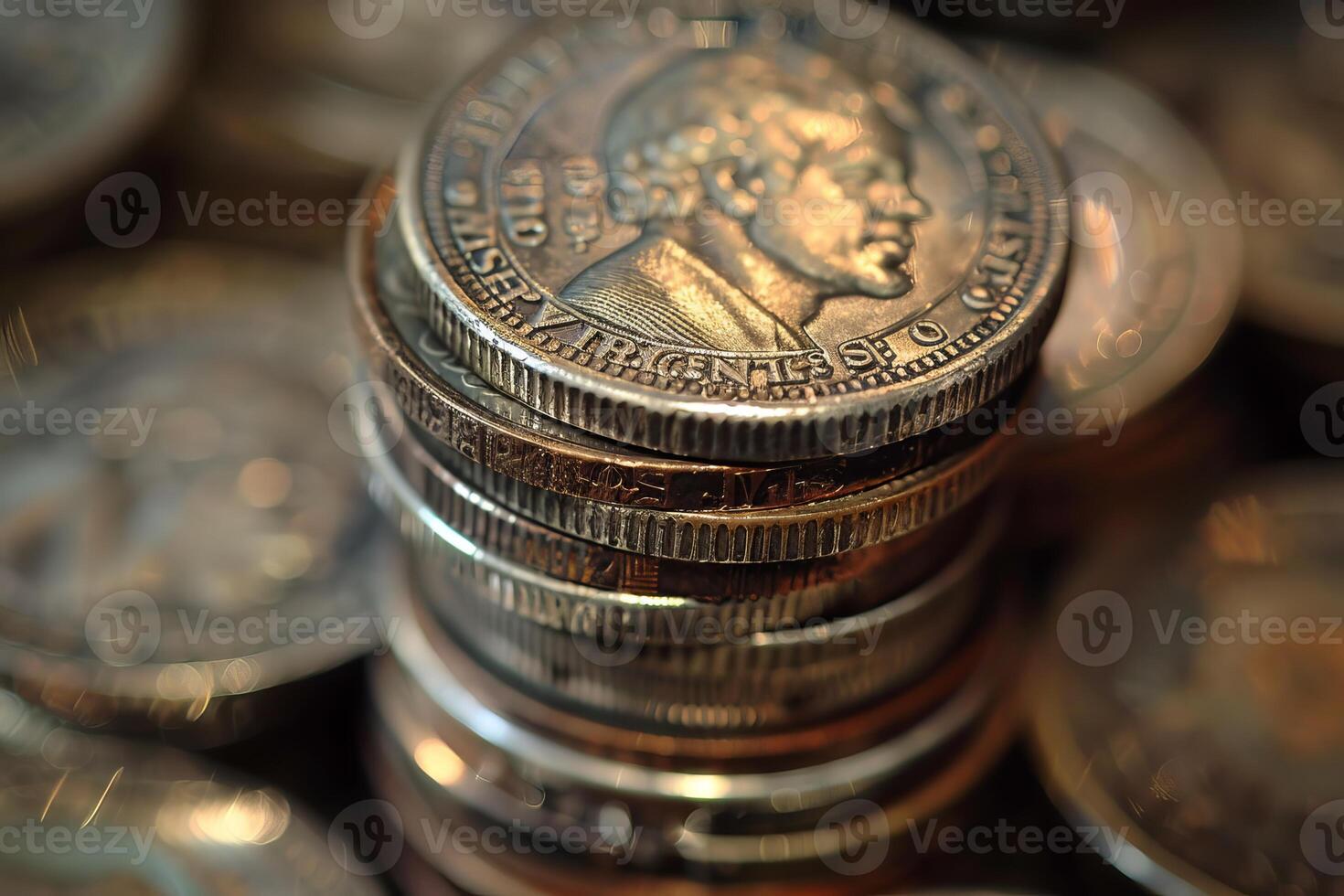 Closeup shot showcasing the intricate details of stacked argentine coins photo