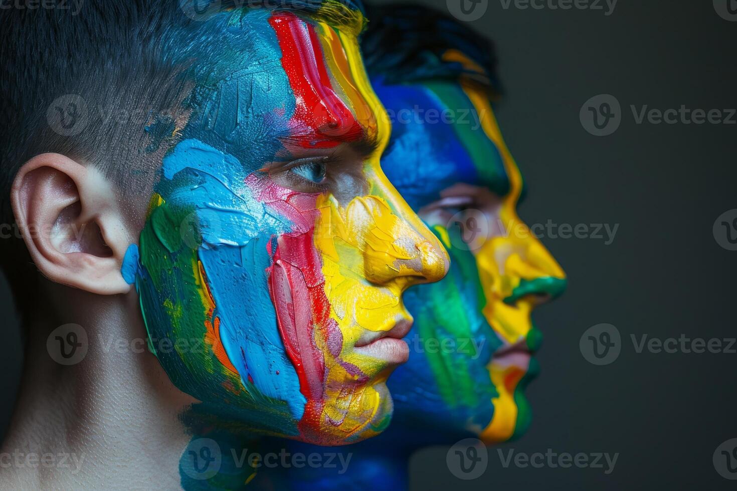 Colorful artistic face paint on models' profiles photo