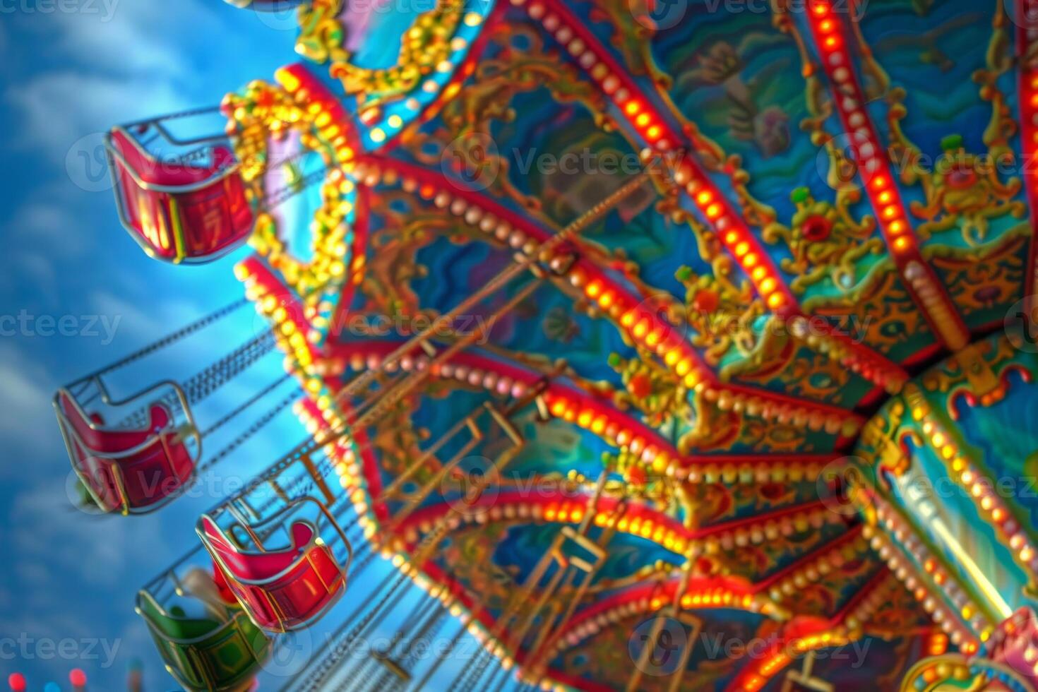 Swirling lights on carousel ride at dusk photo