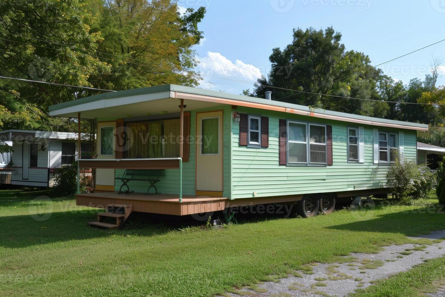 Vintage green and white mobile home in suburban setting photo
