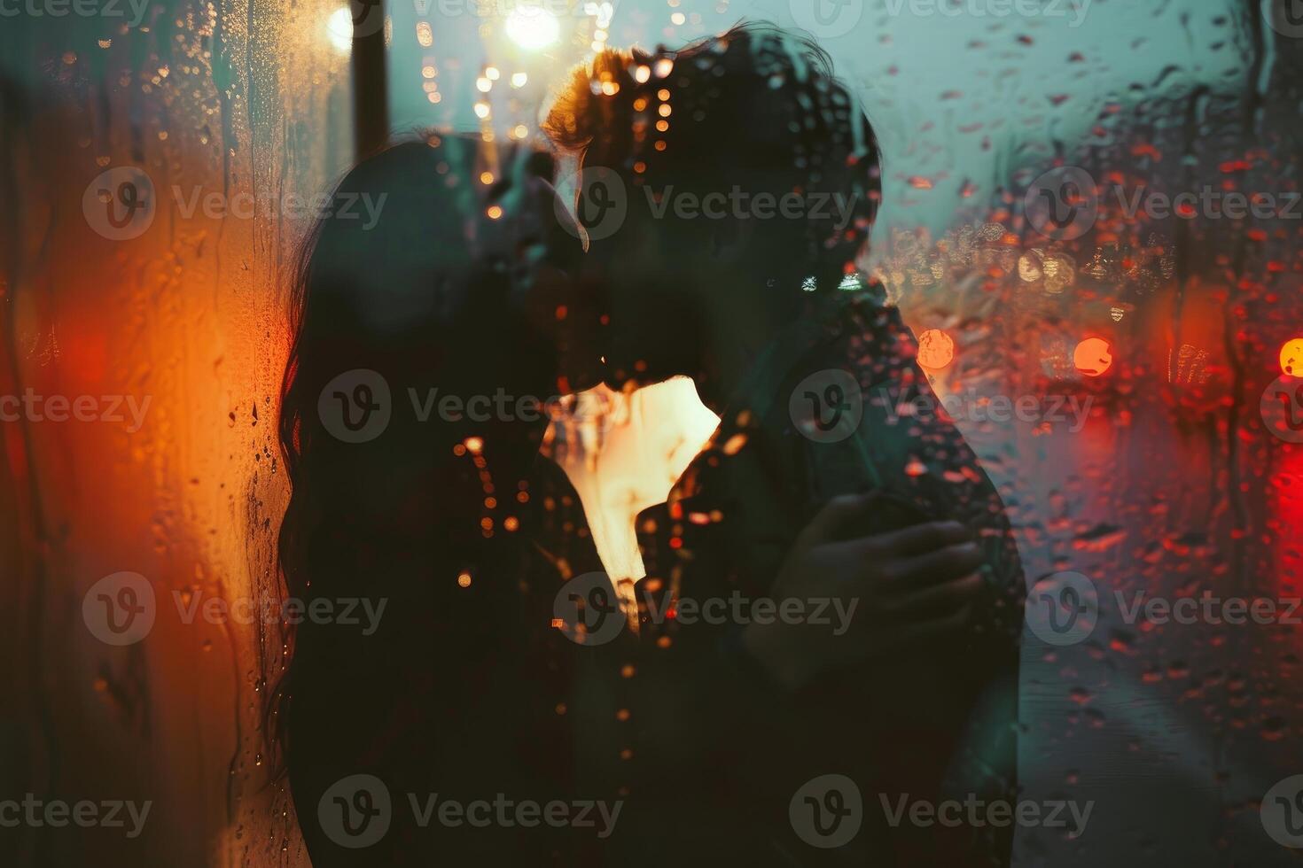 Romantic couple kissing behind rainy window photo