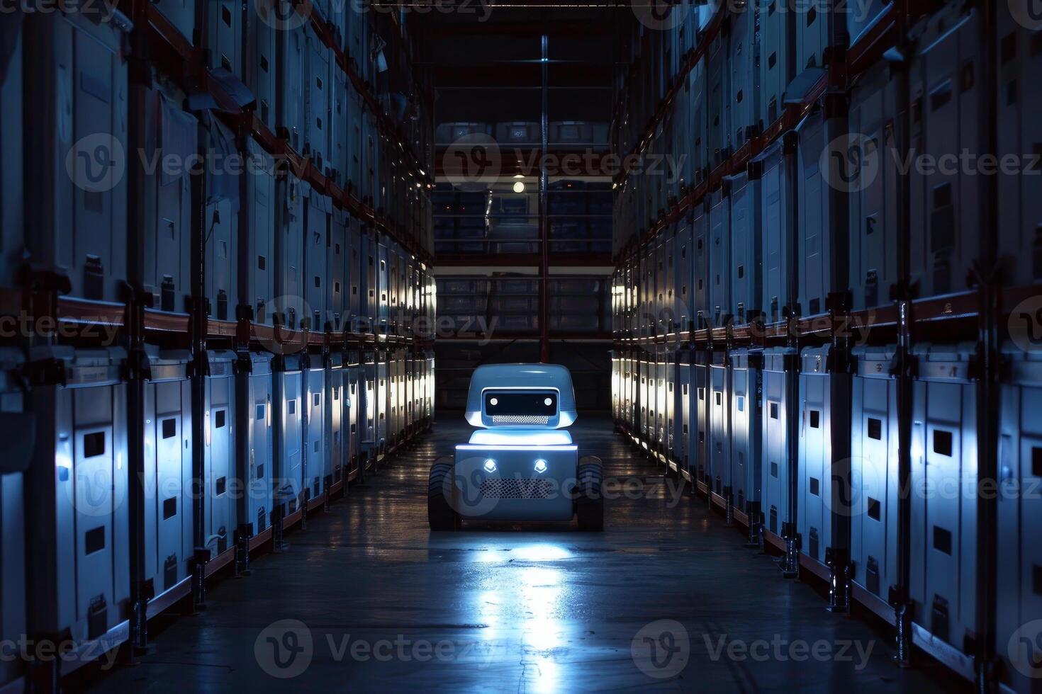 Autonomous robot navigating warehouse aisles photo