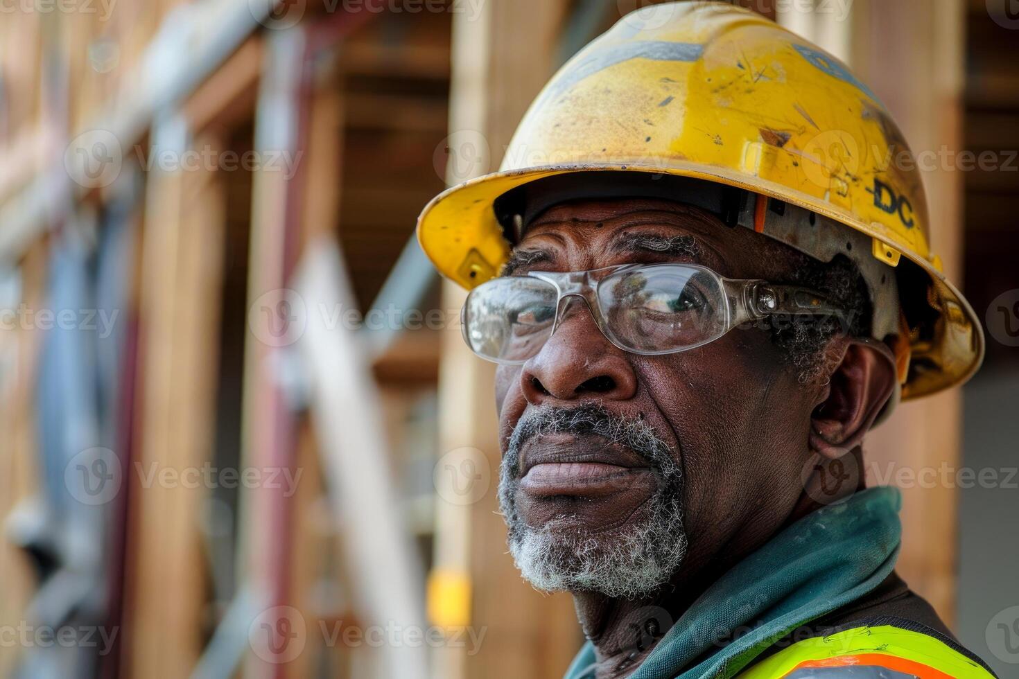 Closeup of a mature construction worker with a helmet and safety goggles photo