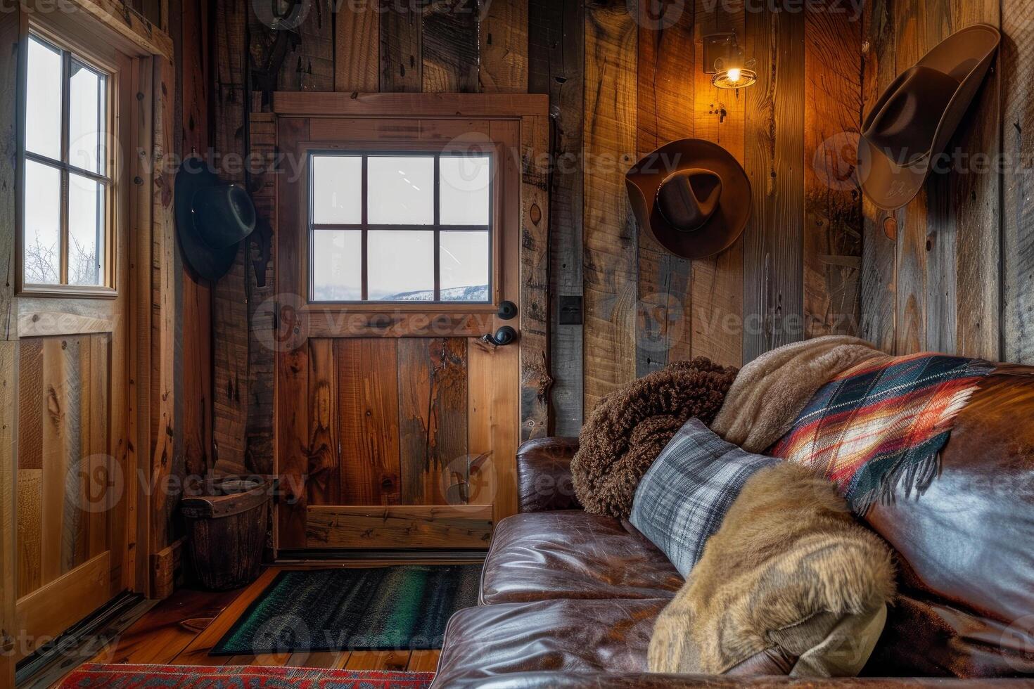 Cozy rustic cabin bedroom interior with warm bedding photo