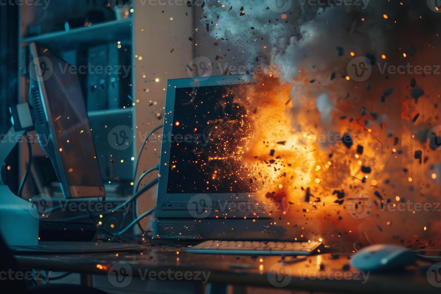Exploding computer in office setting 47256363 Stock Photo at Vecteezy