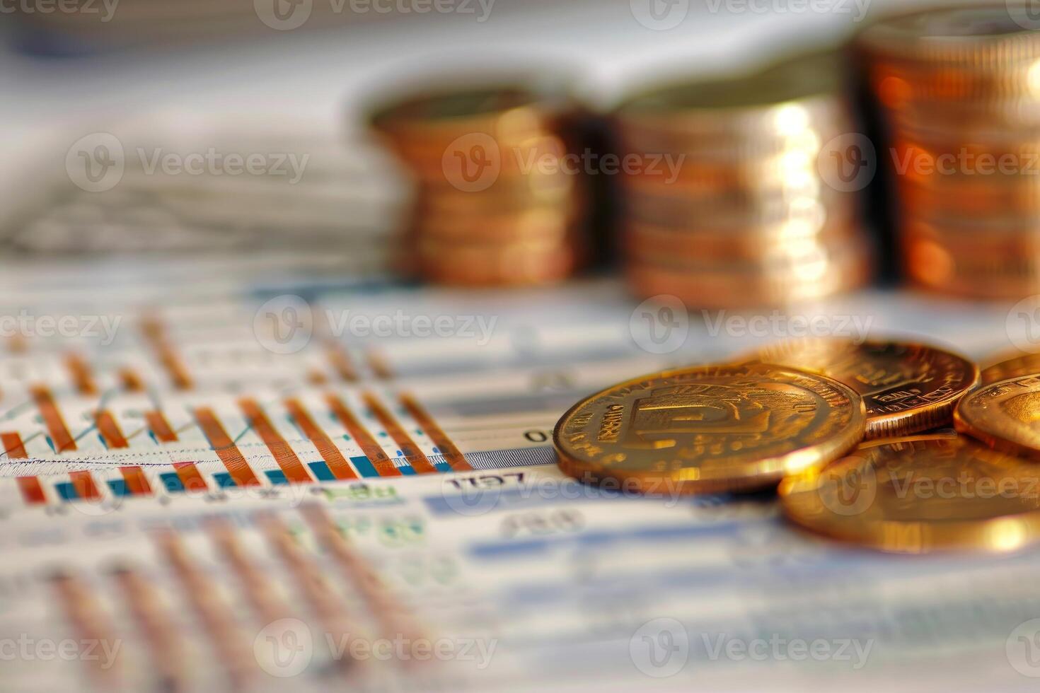 Stacked coins and bitcoin on financial charts photo