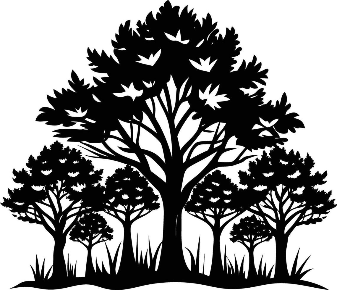 A black and white illustration of a treeline silhouette vector