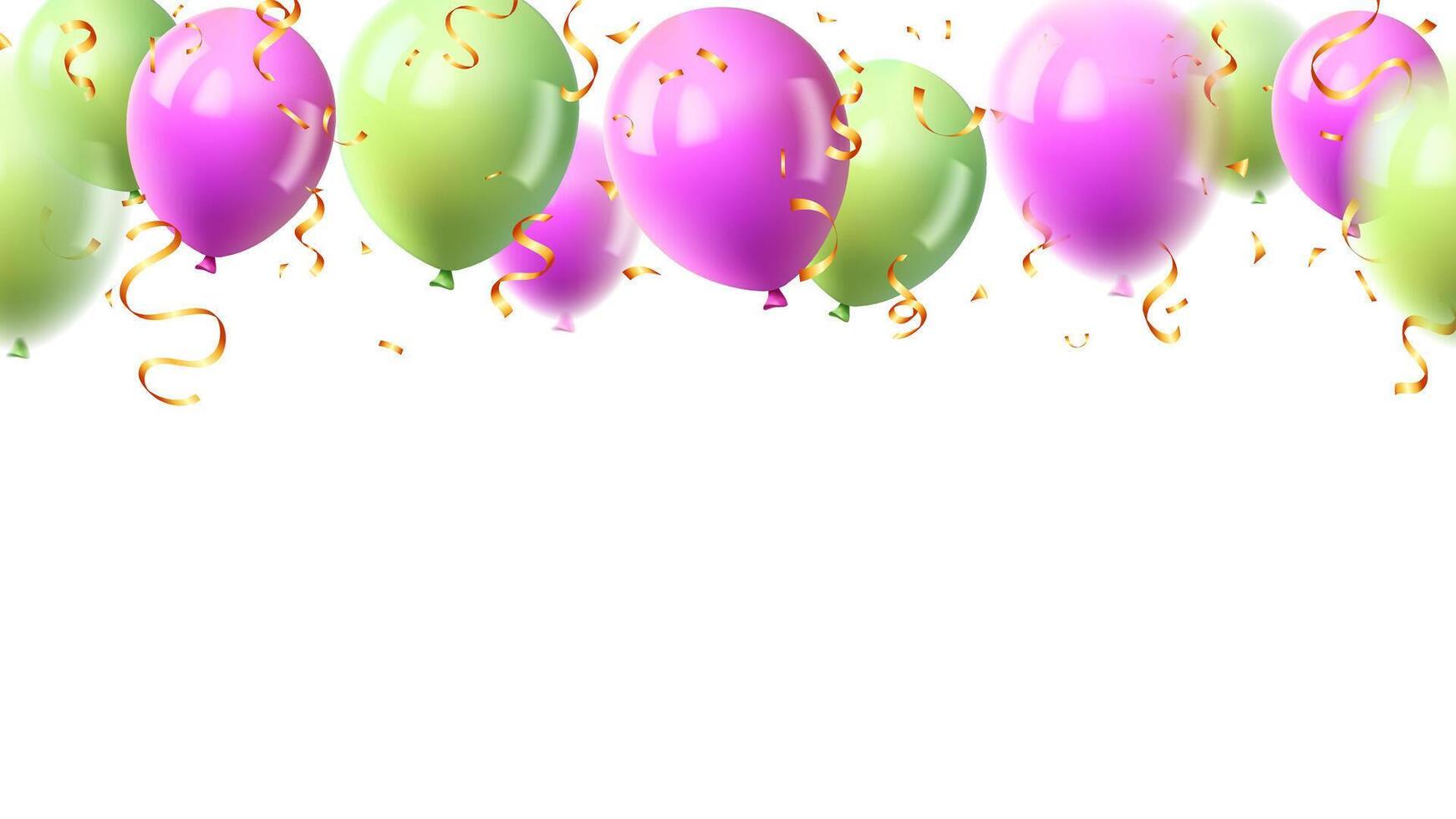 Trendy realistic helium balloon and confetti green, purple pink color banner template vector