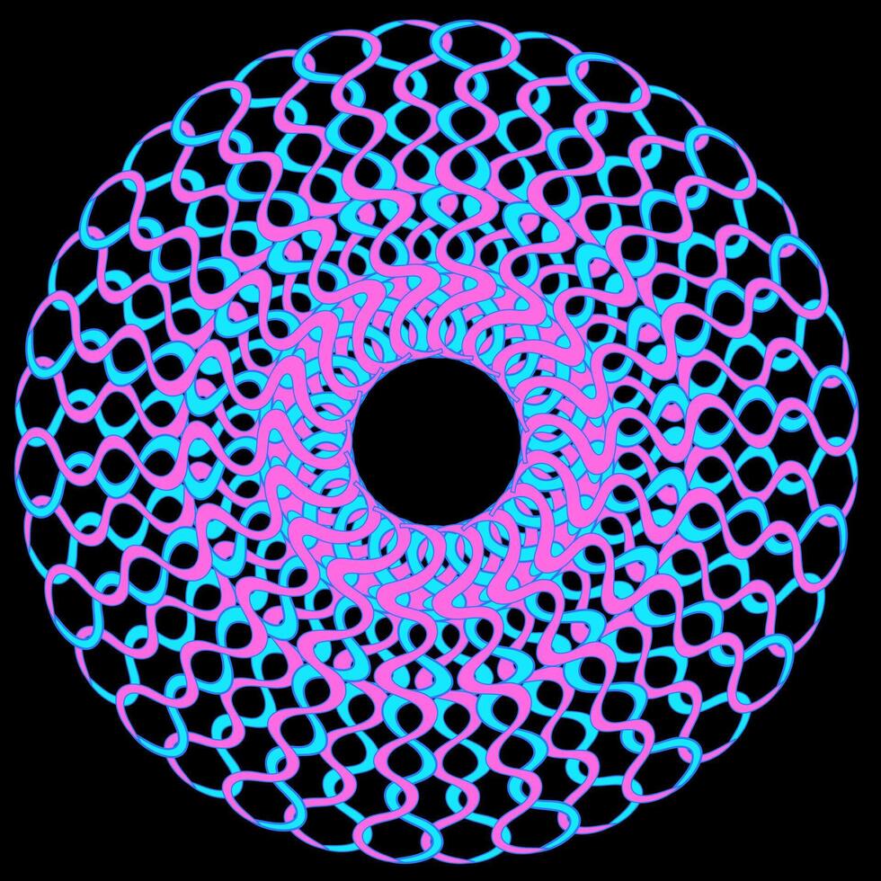 Round abstract pattern in pink and blue colors on a black background vector