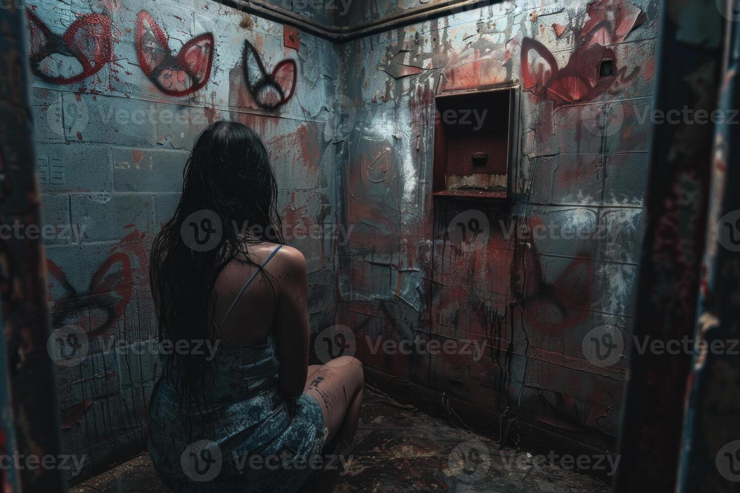 Alone woman in deep thought amidst the grime and deterioration of an empty room photo