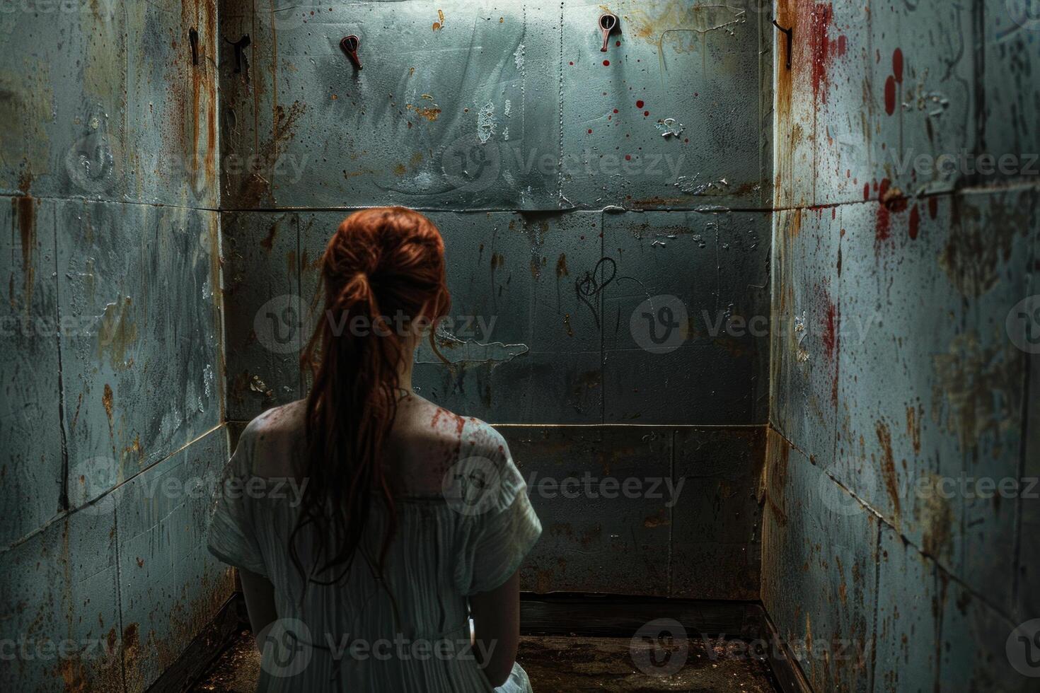 Woman stands alone in a dilapidated room, symbolizing despair and mental health struggles photo