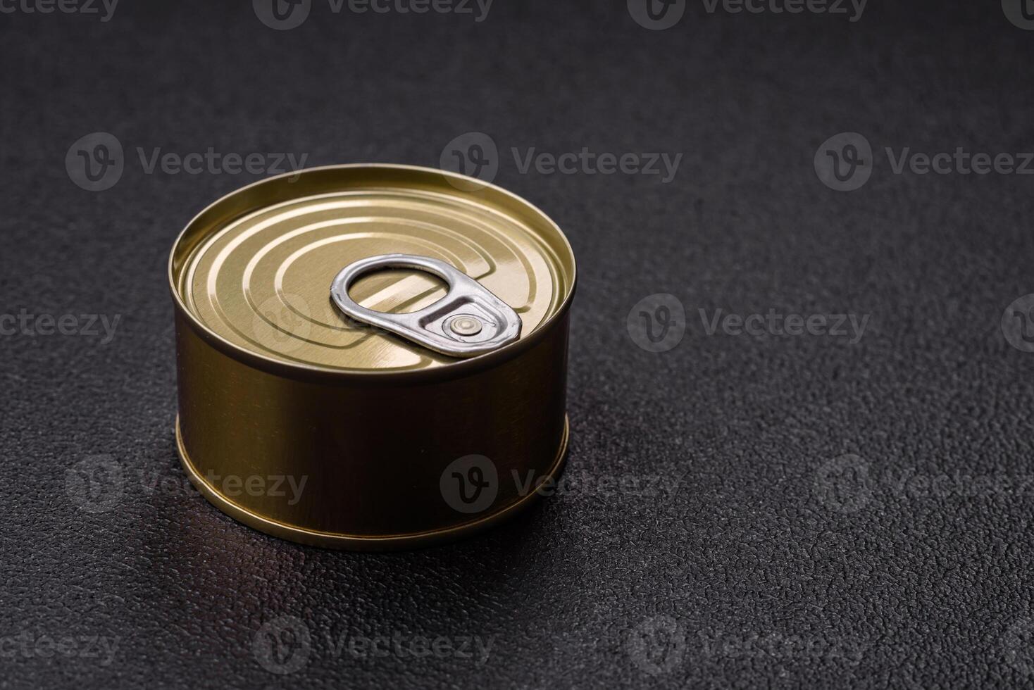 Round metal can with canned meat or fish with a key photo