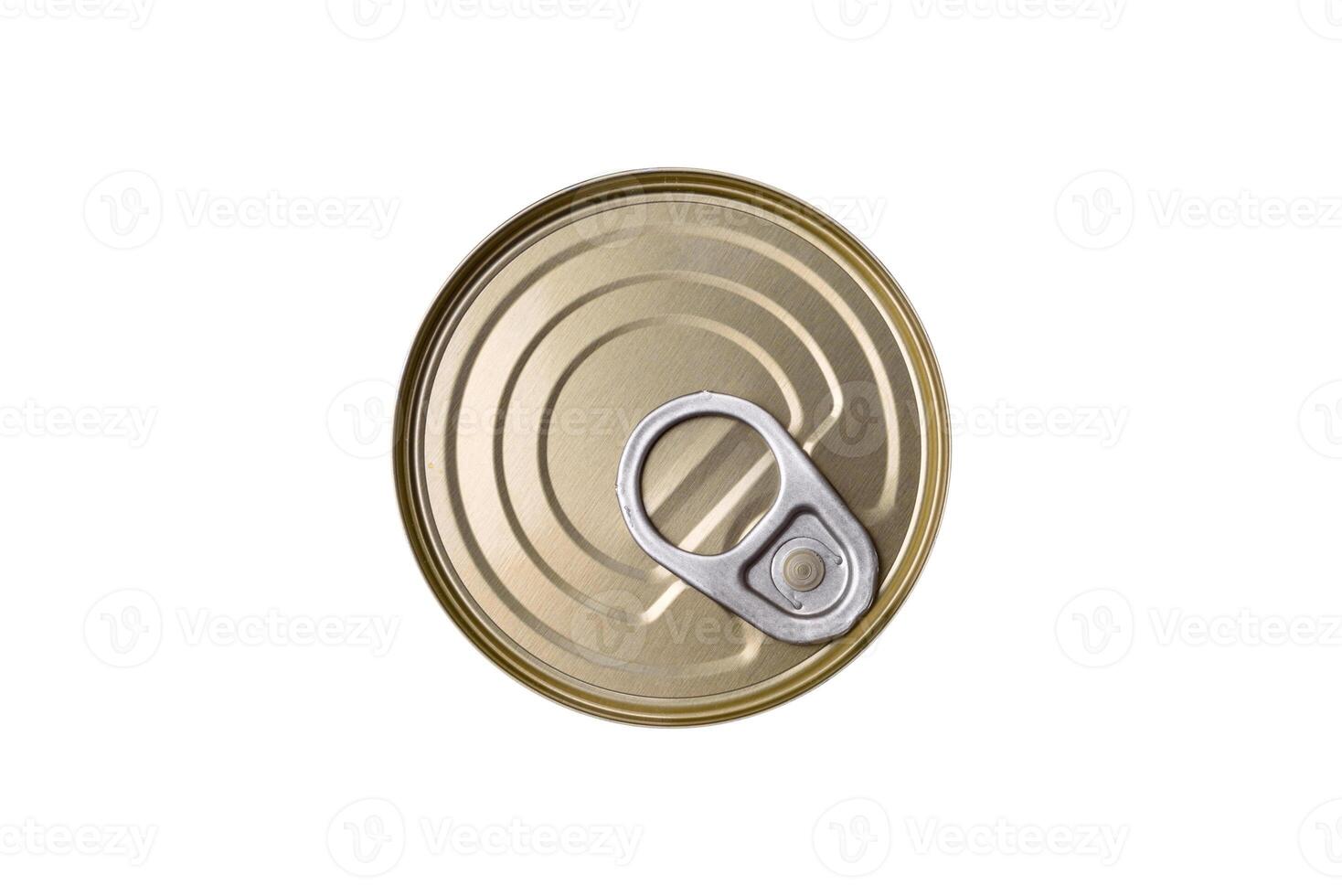 Round metal can with canned meat or fish with a key photo