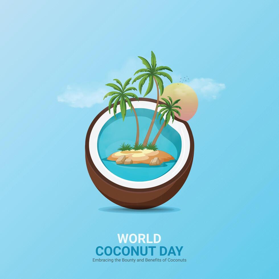 World Coconut Day Creative Ads Design. Coconut, sunset, sand icon isolated on Template for background. World Coconut Poster, , 3d, illustration, September 2. Important day, Holiday concept. vector