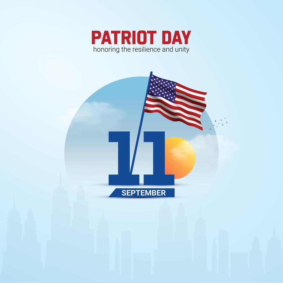 Patriot Day Creative Ads Design. twin towers and flag isolated on Template for background. Patriot Poster, , 3d, illustration, Sep 11. Important day, Holiday concept. vector