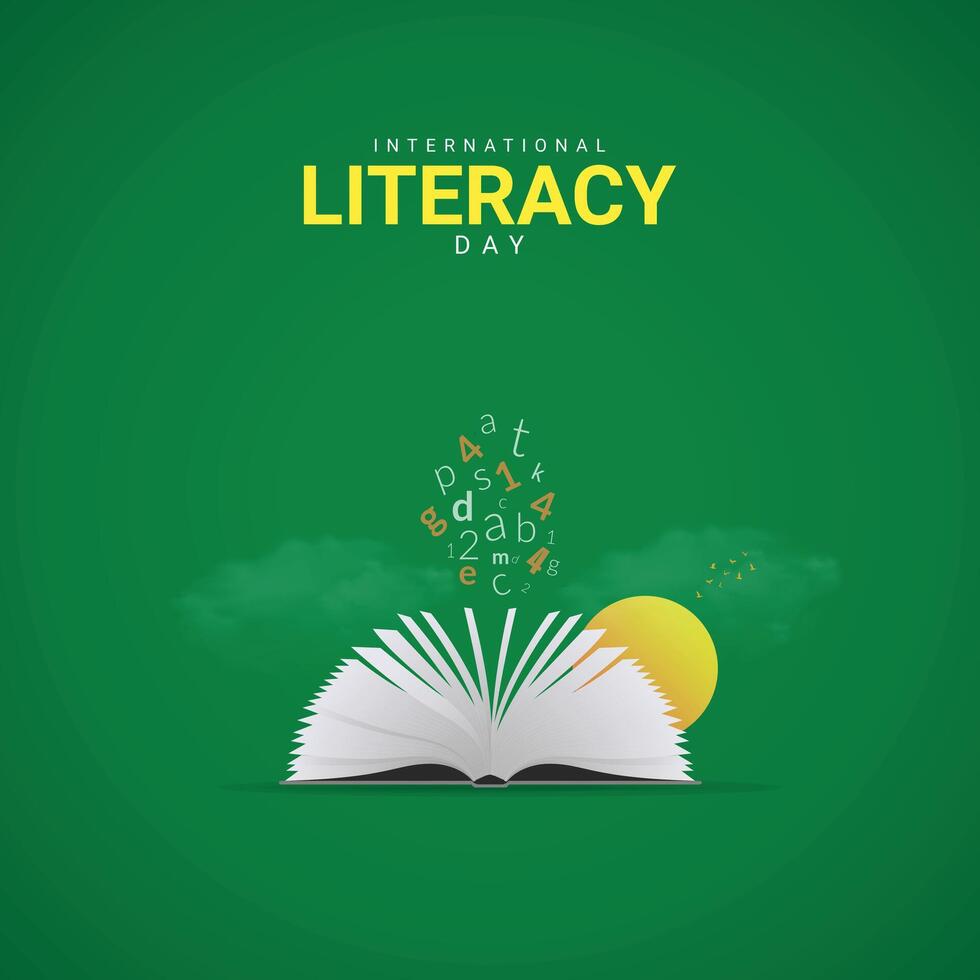 International Literacy Day Creative Ads Design. Literacy, Pencil, Book silhouette isolated on Template for background. Literacy Poster, , 3d, illustration, Sep 8. Important day, Holiday concept. vector
