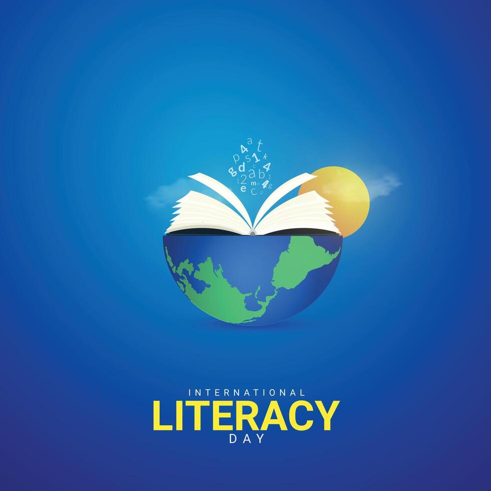 International Literacy Day Creative Ads Design. Literacy, Pencil, Book silhouette isolated on Template for background. Literacy Poster, , 3d, illustration, Sep 8. Important day, Holiday concept. vector
