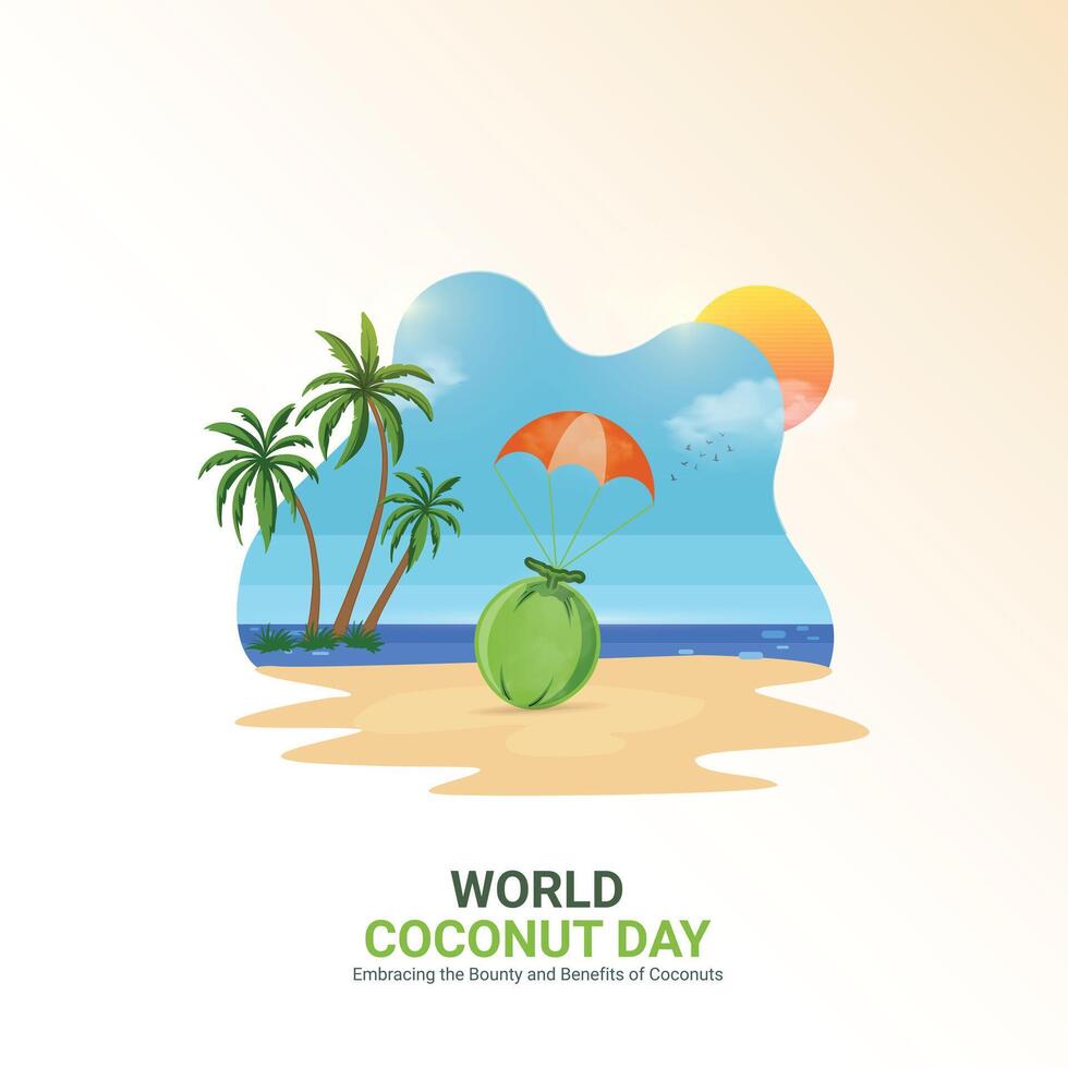 World Coconut Day Creative Ads Design. Coconut, sunset, sand icon isolated on Template for background. World Coconut Poster, , 3d, illustration, September 2. Important day, Holiday concept. vector