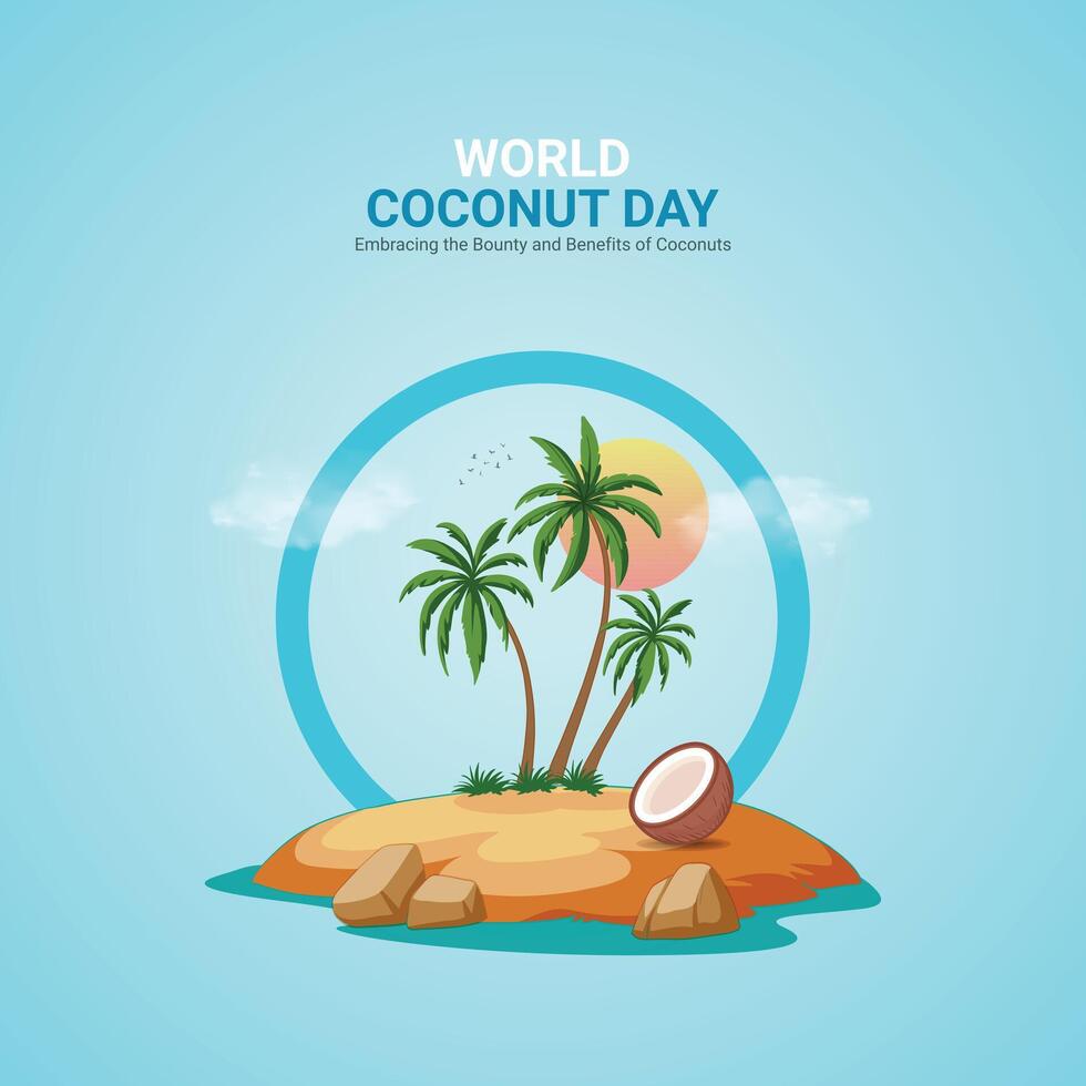 World Coconut Day Creative Ads Design. Coconut, sunset, sand icon isolated on Template for background. World Coconut Poster, , 3d, illustration, September 2. Important day, Holiday concept. vector