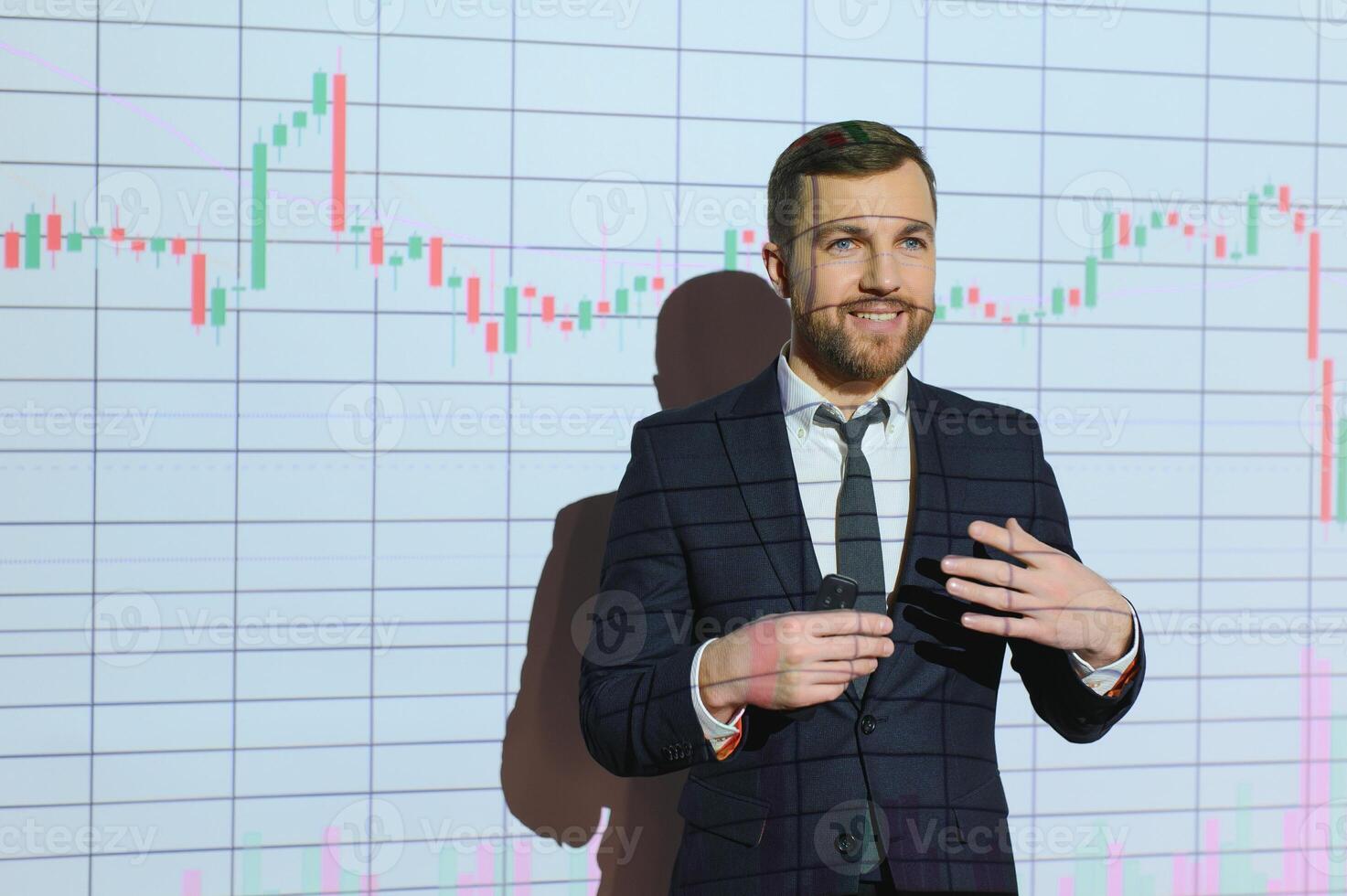 Stock Market Trader Working Investment Charts, Graphs, Ticker, Diagrams Projected on His Face. Financial Analyst and Digital Businessman Selling Shorts and Buying Longs photo