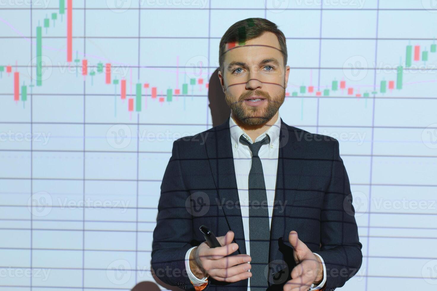Stock Market Trader Working Investment Charts, Graphs, Ticker, Diagrams Projected on His Face. Financial Analyst and Digital Businessman Selling Shorts and Buying Longs photo