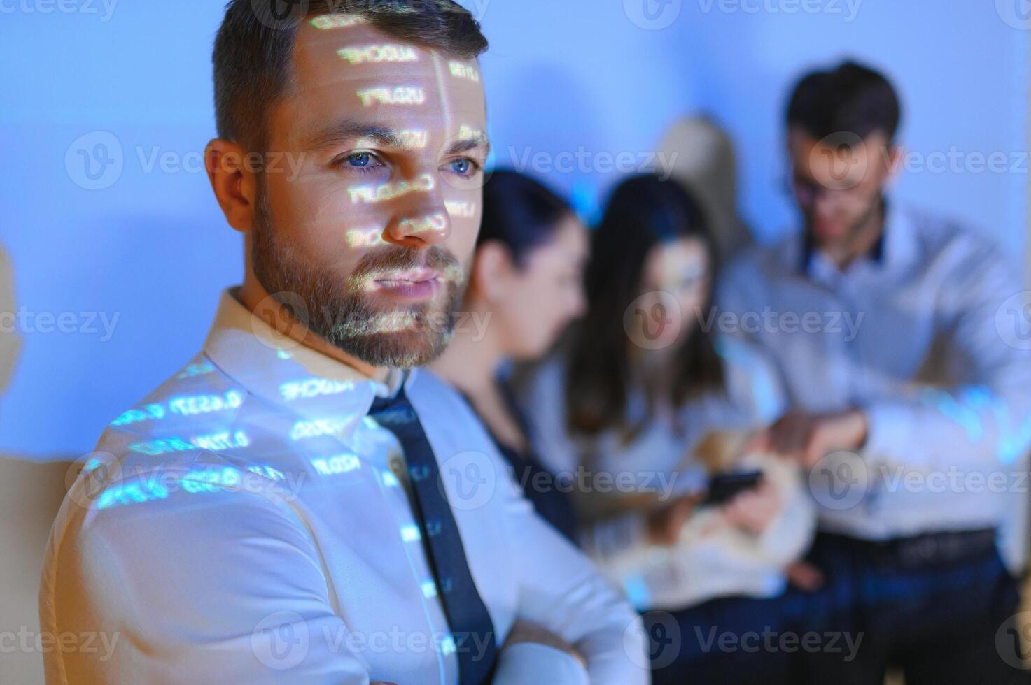 Group of business people working. Technical price graph and indicator, red and blue candlestick chart and stock trading computer screen background. Traders analyzing data photo