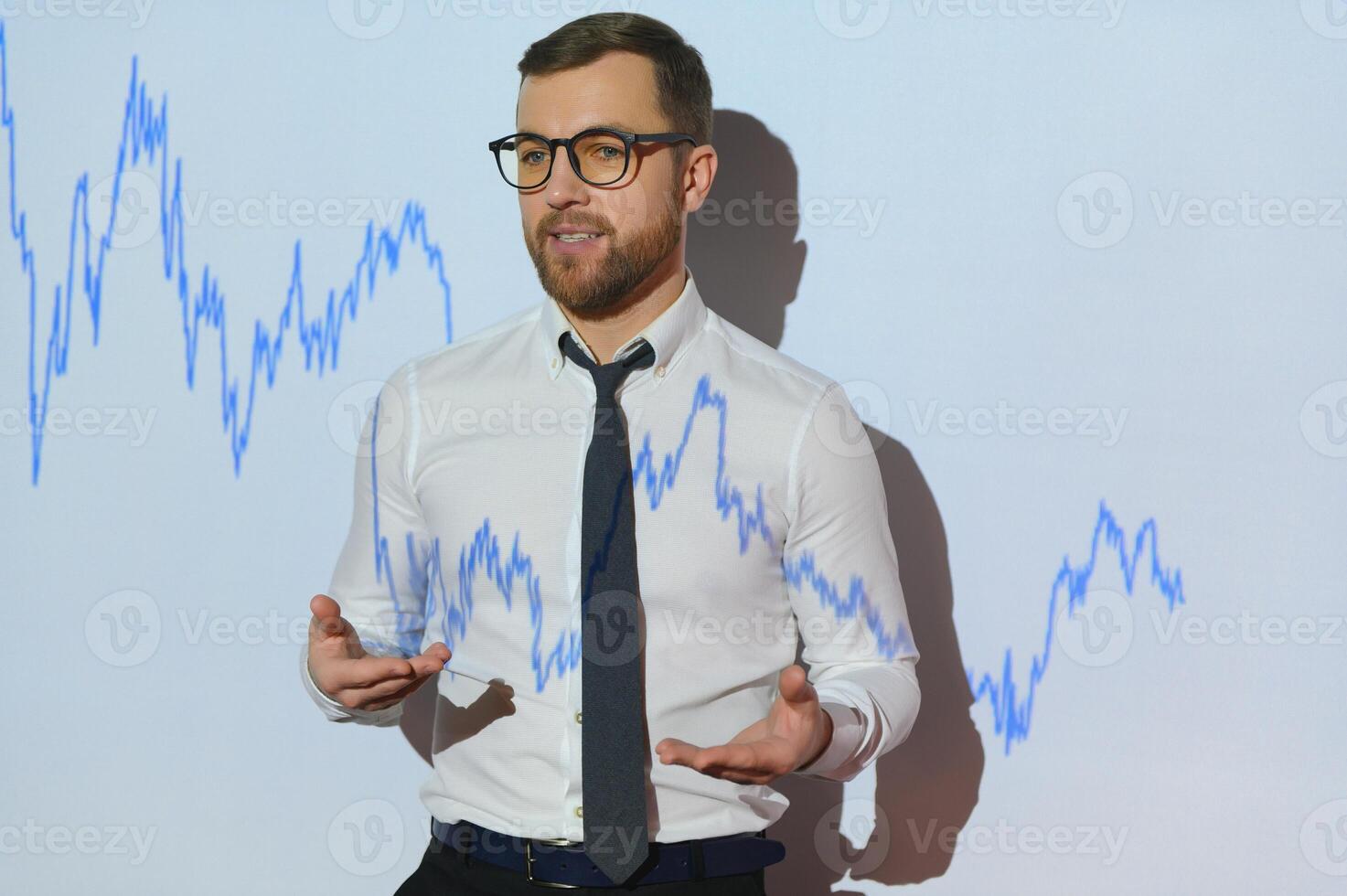 Stock Market Trader Working Investment Charts, Graphs, Ticker, Diagrams Projected on His Face. Financial Analyst and Digital Businessman Selling Shorts and Buying Longs photo