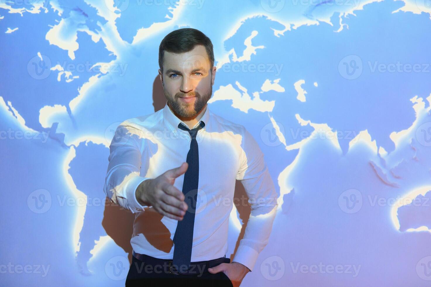 businessman on the background of the world map, international economy. photo