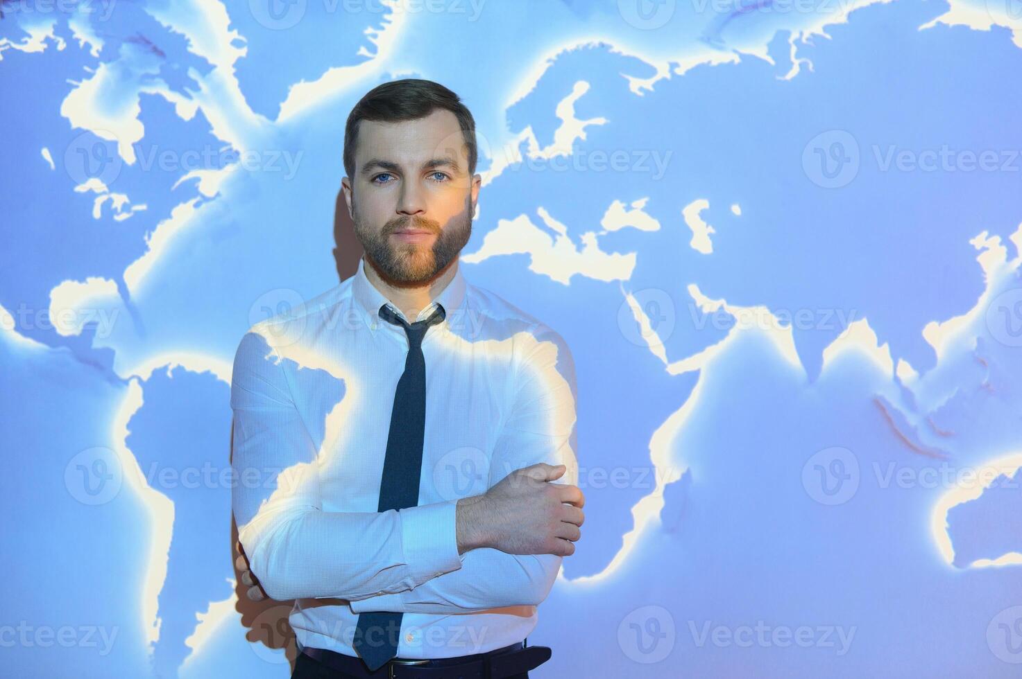 International business concept with businessman on background with network on map. photo