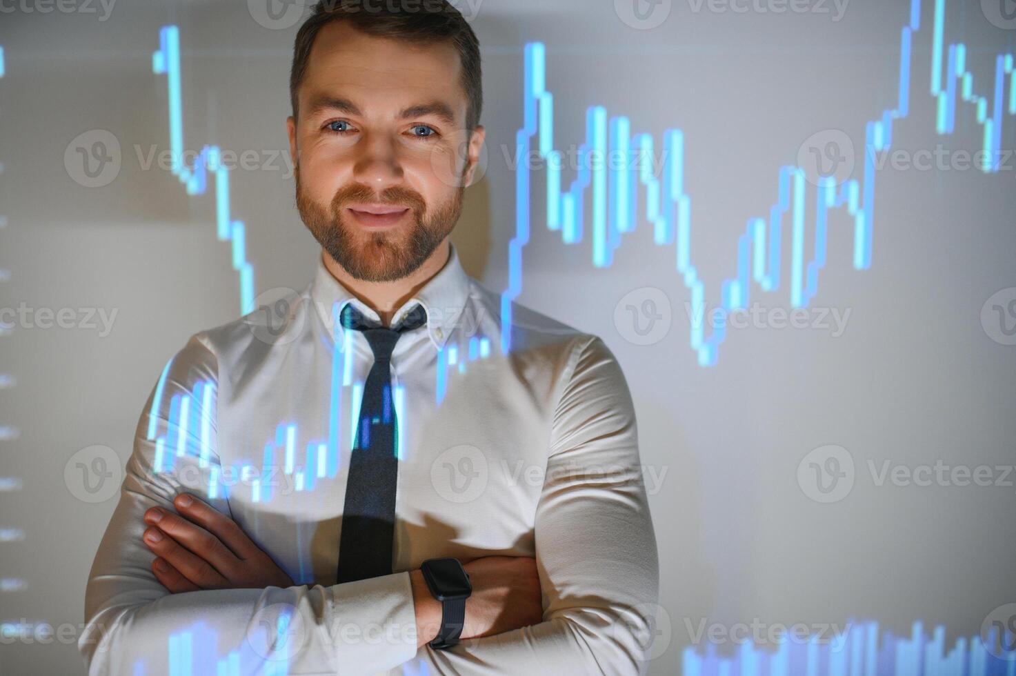 Stock Market Top Trader Looks at Projected Ticker Numbers and Graphs Running, Analysing Data to Make Best Sell. Behind Him Room Full of Screens and Statistics. photo