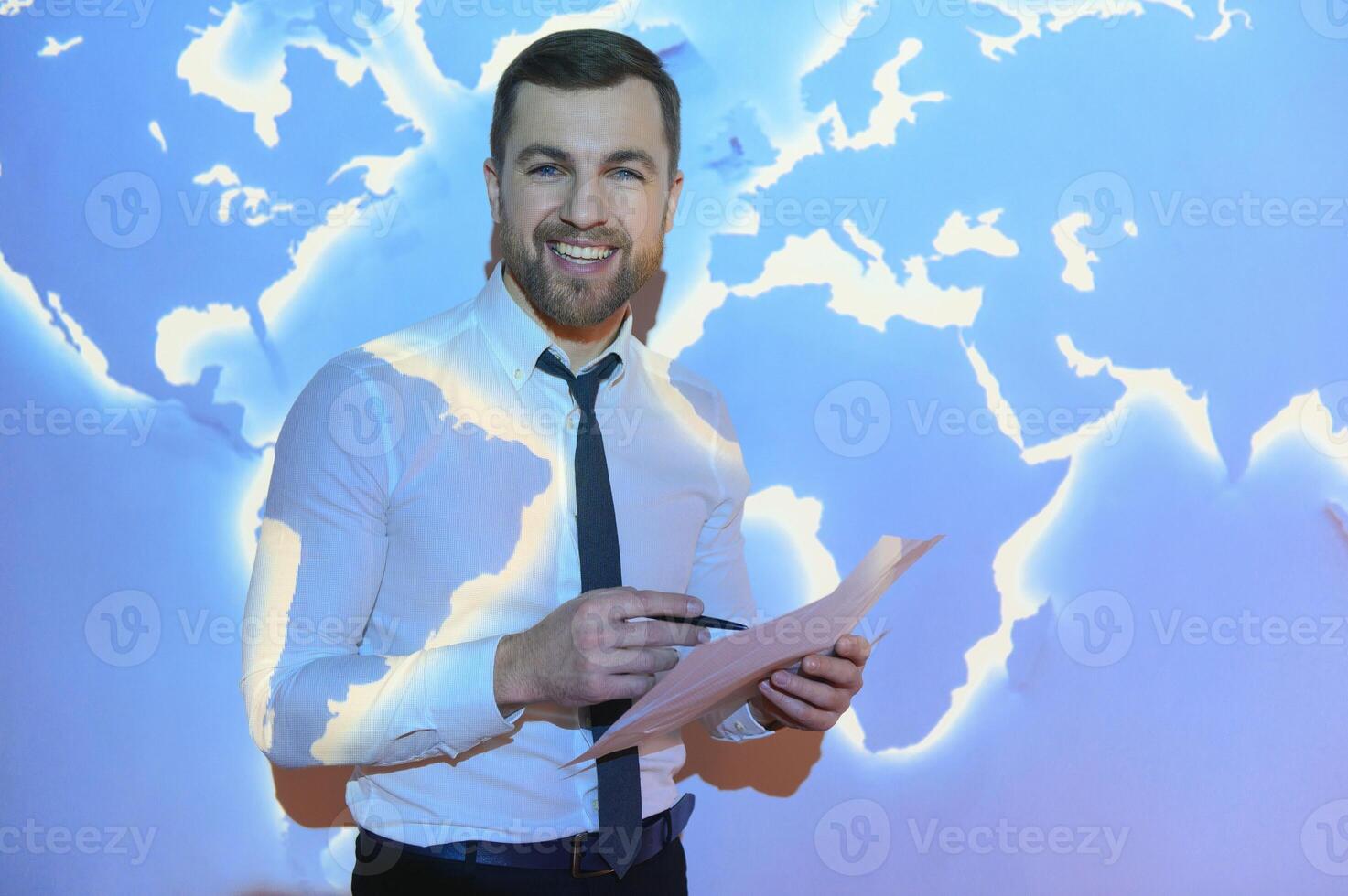 International business concept with businessman on background with network on map. photo