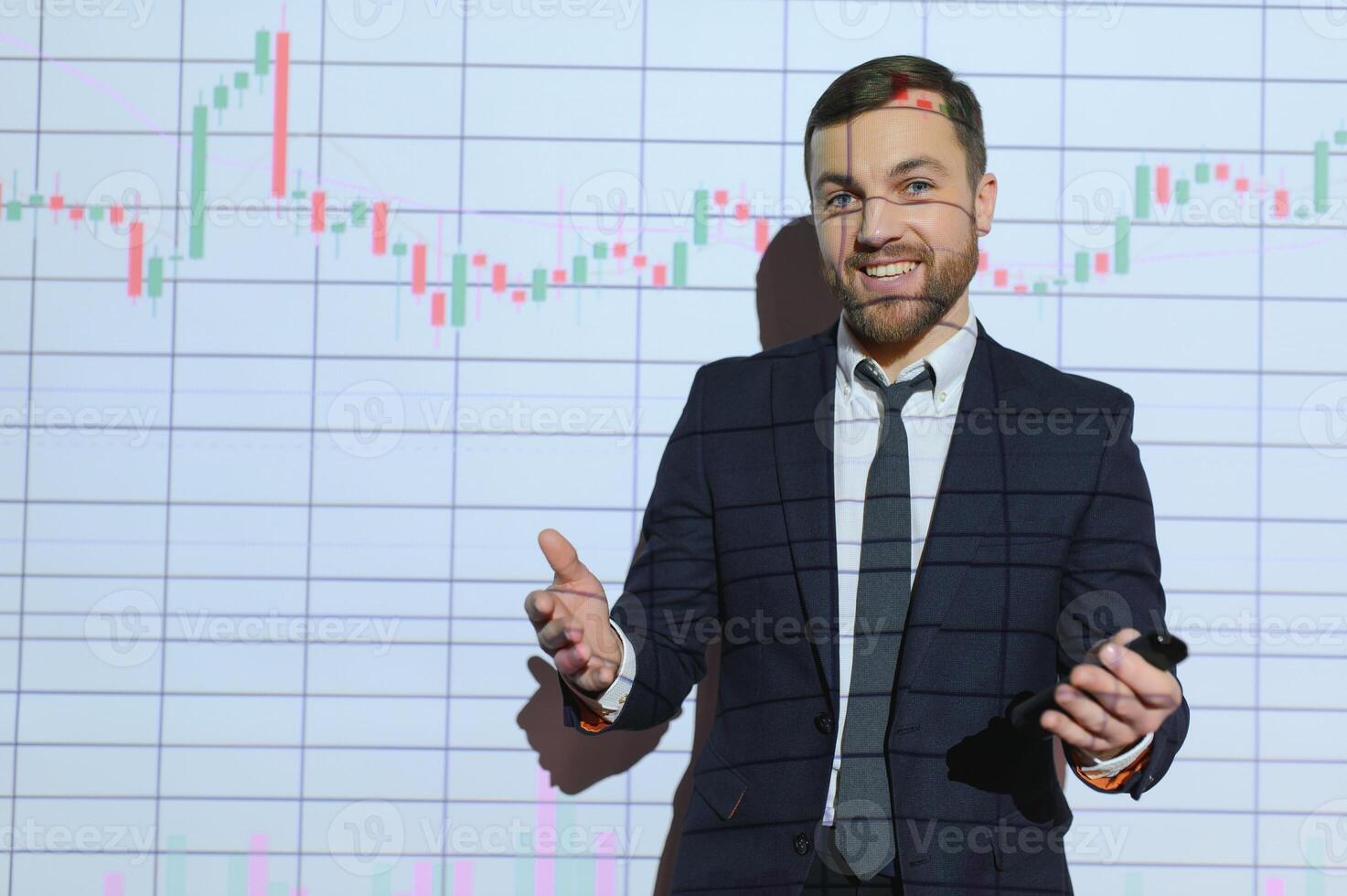 Stock Market Trader Working Investment Charts, Graphs, Ticker, Diagrams Projected on His Face. Financial Analyst and Digital Businessman Selling Shorts and Buying Longs photo
