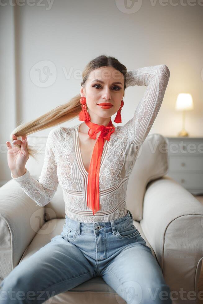 Fashion beautiful model sexy pretty lady in decoration designer room home or hotel. photo