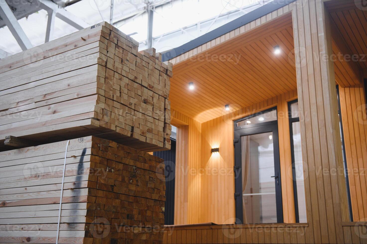 A new wooden modular prefabricated house inside in manufacturing facility photo