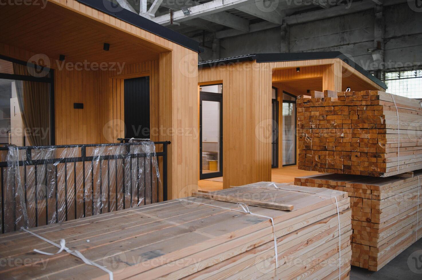 Newly built single storey prefabricated modular building. Prefabricated mobile wooden house at construction site photo