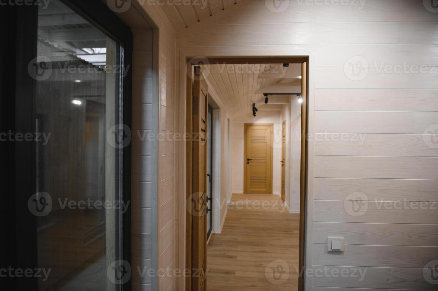 Production of new wooden modular houses. Construction site photo