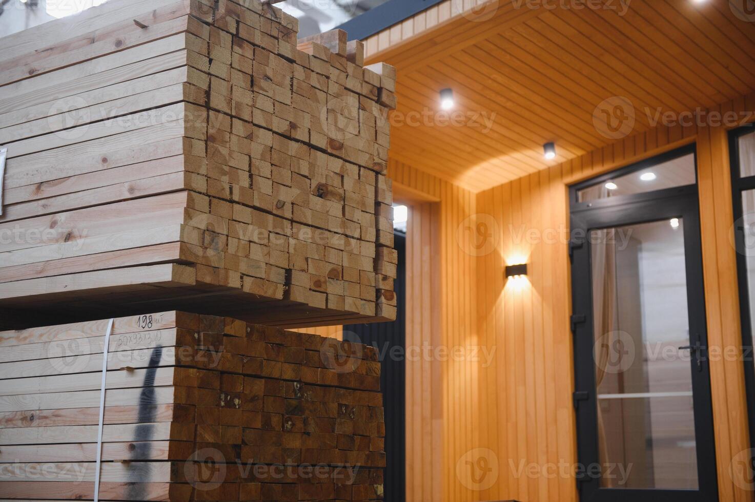 Newly built single storey prefabricated modular building. Prefabricated mobile wooden house at construction site photo