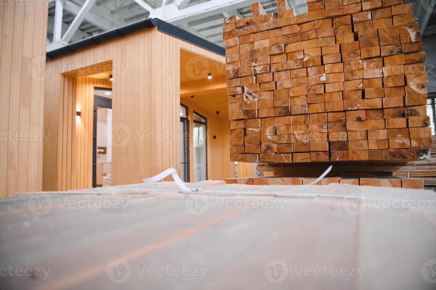 A new wooden modular prefabricated house inside in manufacturing facility photo