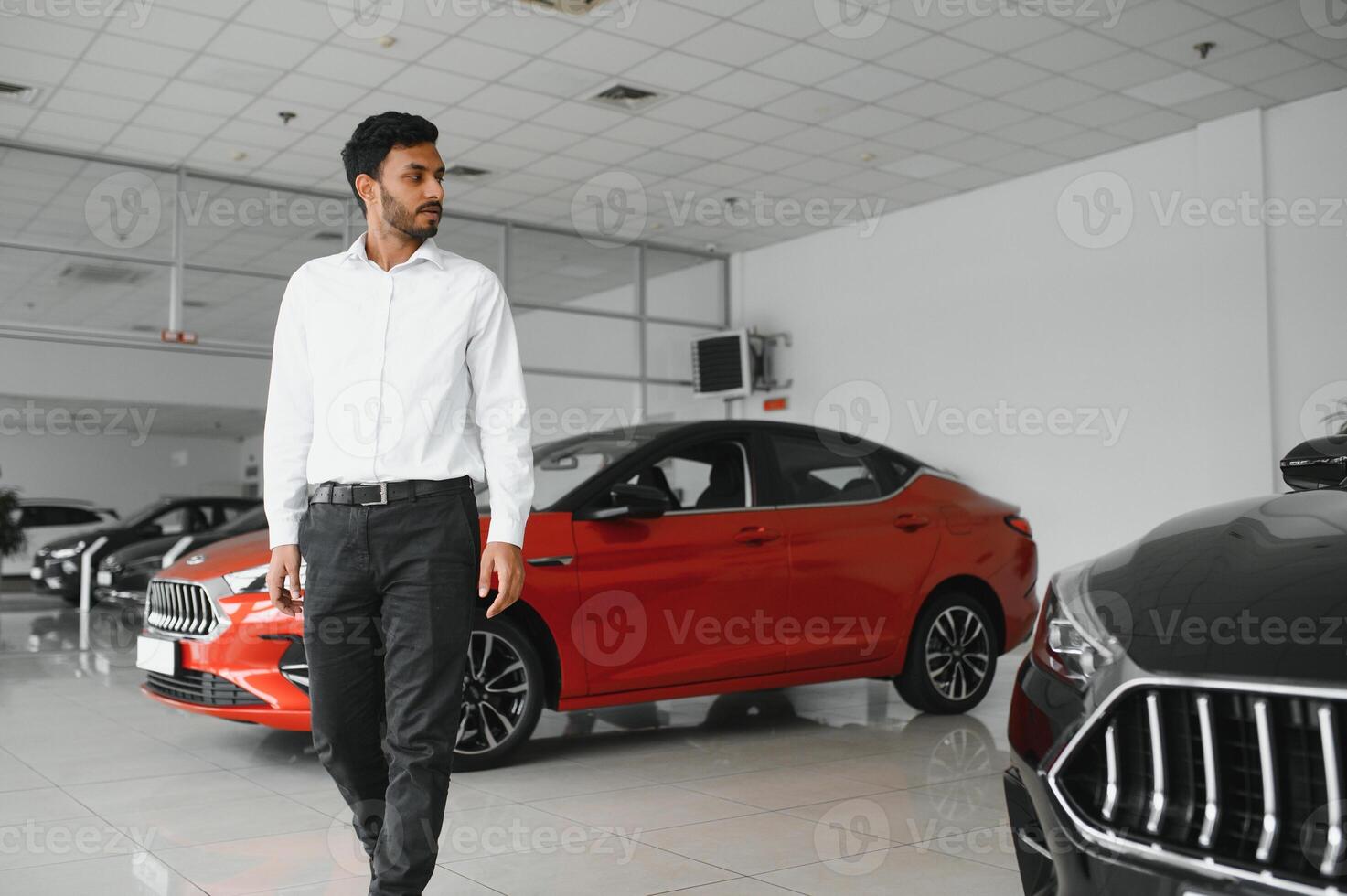 happy indian man buy new biodiesel eco automobile in lux showroom. photo