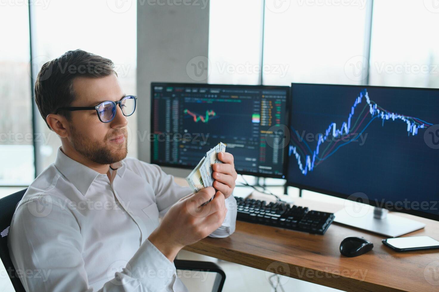 Successful trader in formalwear checking cryptocurrency information data on finance market graph, working in office photo