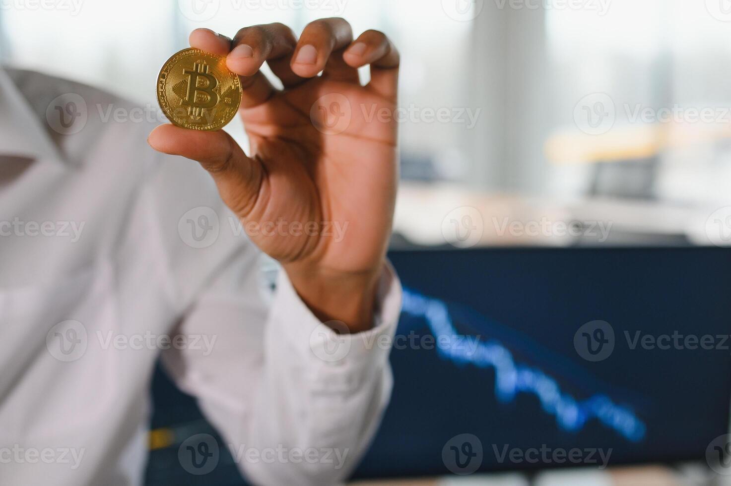 Business man crypto trader investor analyst holding gold bitcoin coin buying cryptocurrency tokens analyzing stock market data investment risks. photo