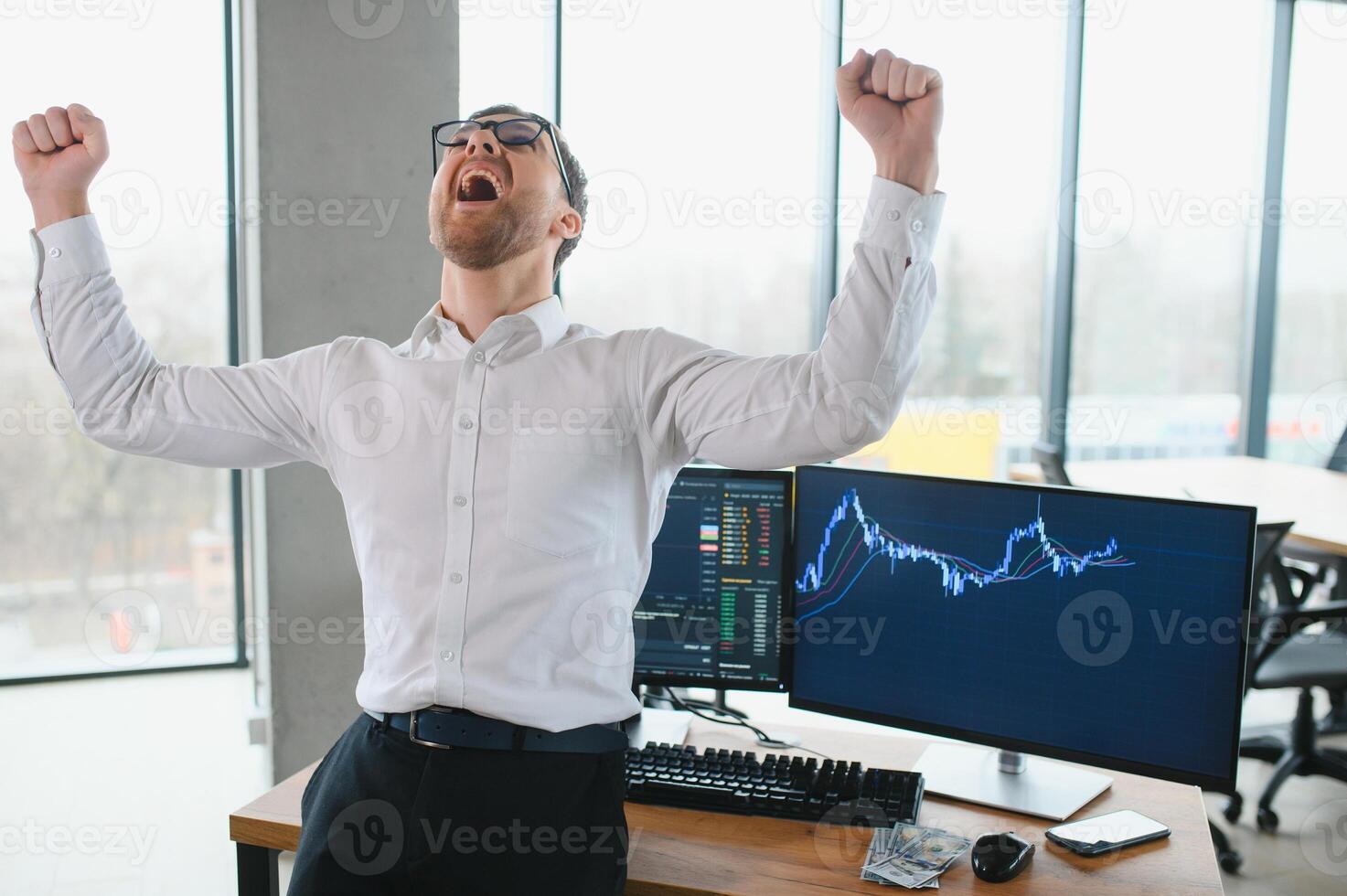 Successful trader in formalwear checking cryptocurrency information data on finance market graph, working in office photo