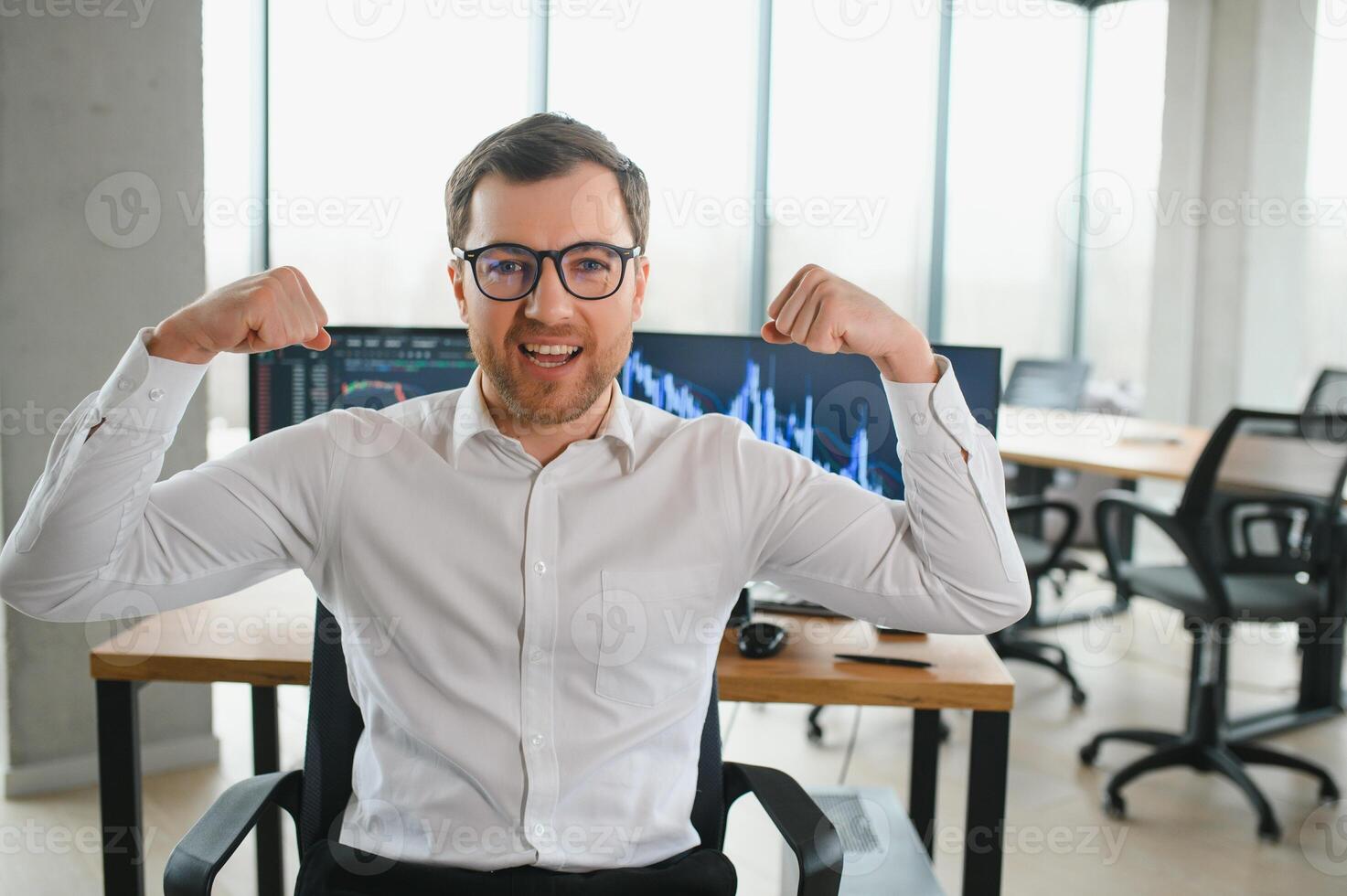 Successful trader in formalwear checking cryptocurrency information data on finance market graph, working in office photo
