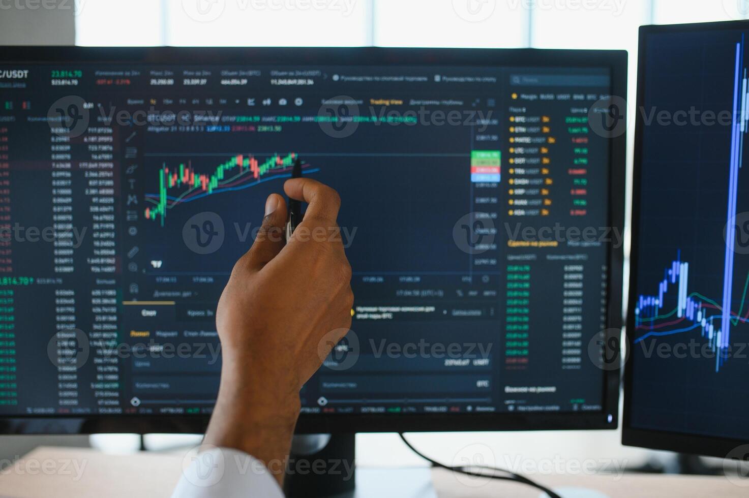 Businessman hand analysing financial stock market graph on board. Trading data index investment growth chart. Cryptocurrency and Forex Concept. photo