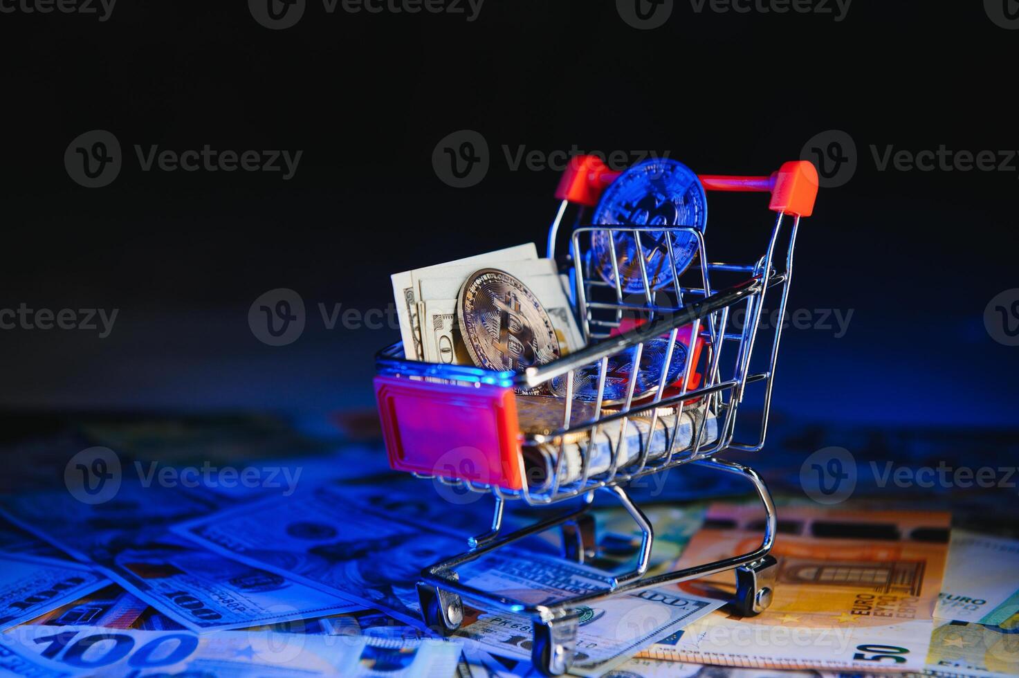 euro banknotes and coins, dollar banknotes with bitcoin. High quality photo. photo